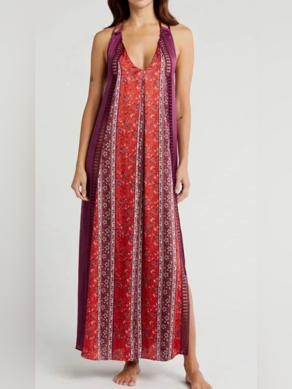 Free People Bohemian Nights Firey Red Combo Maxi Dress Size L  - NWT